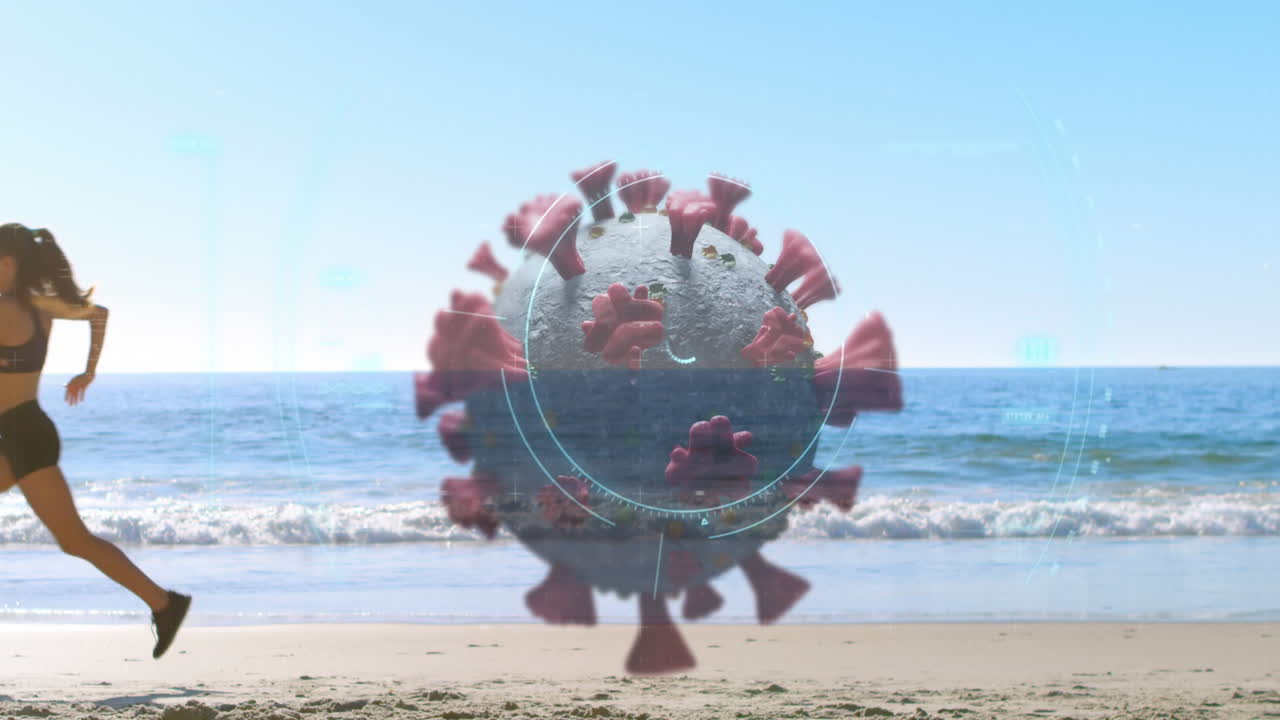 video compuesto digital de escaneo de células de covid-19 contra una mujer corriendo en la playa