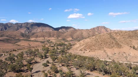 Luftaufnahme-Der-Brachina-Schlucht,-Umgeben-Von-Hügeln,-Bergkette-Als-Hintergrund