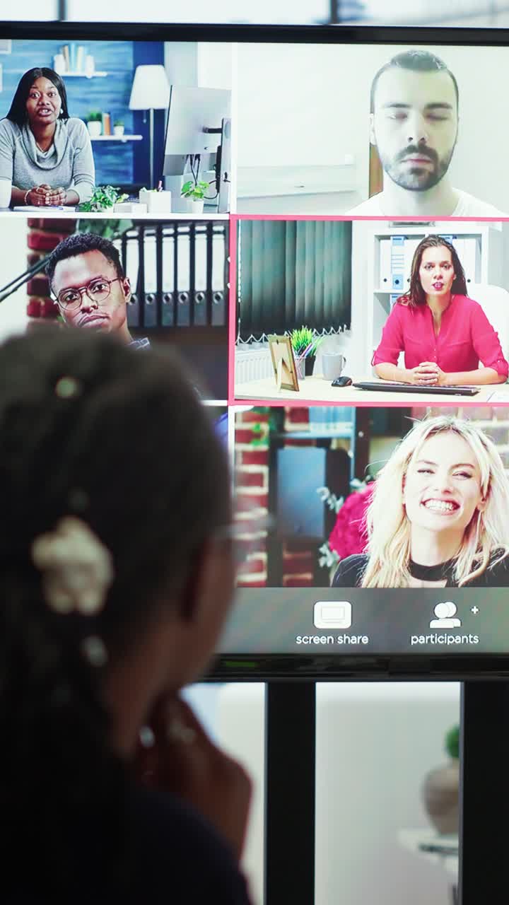 Vertical Video General manager starts a meeting on online videoconference call in the boardroom