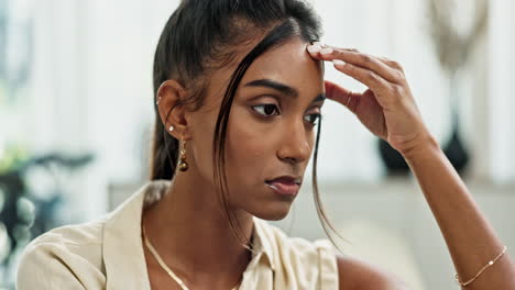 headache, depression and woman in home