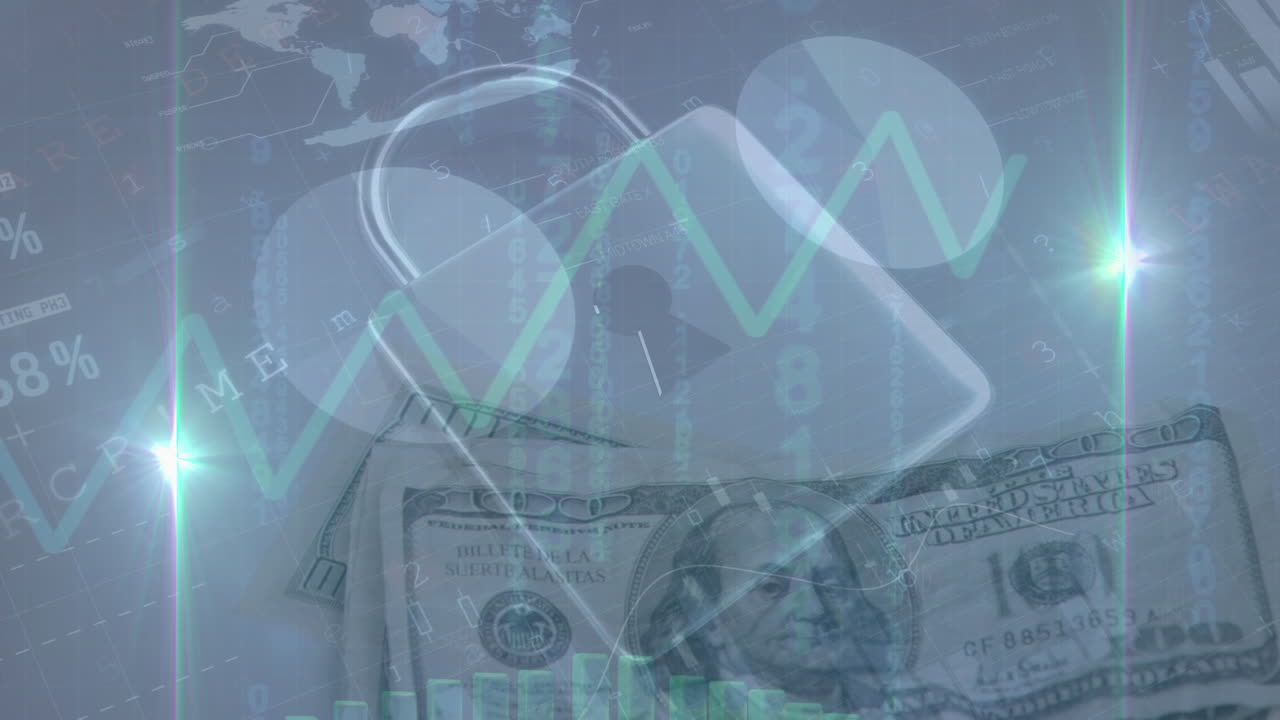animación de gráficos financieros, datos y candado digital sobre luces y dólares