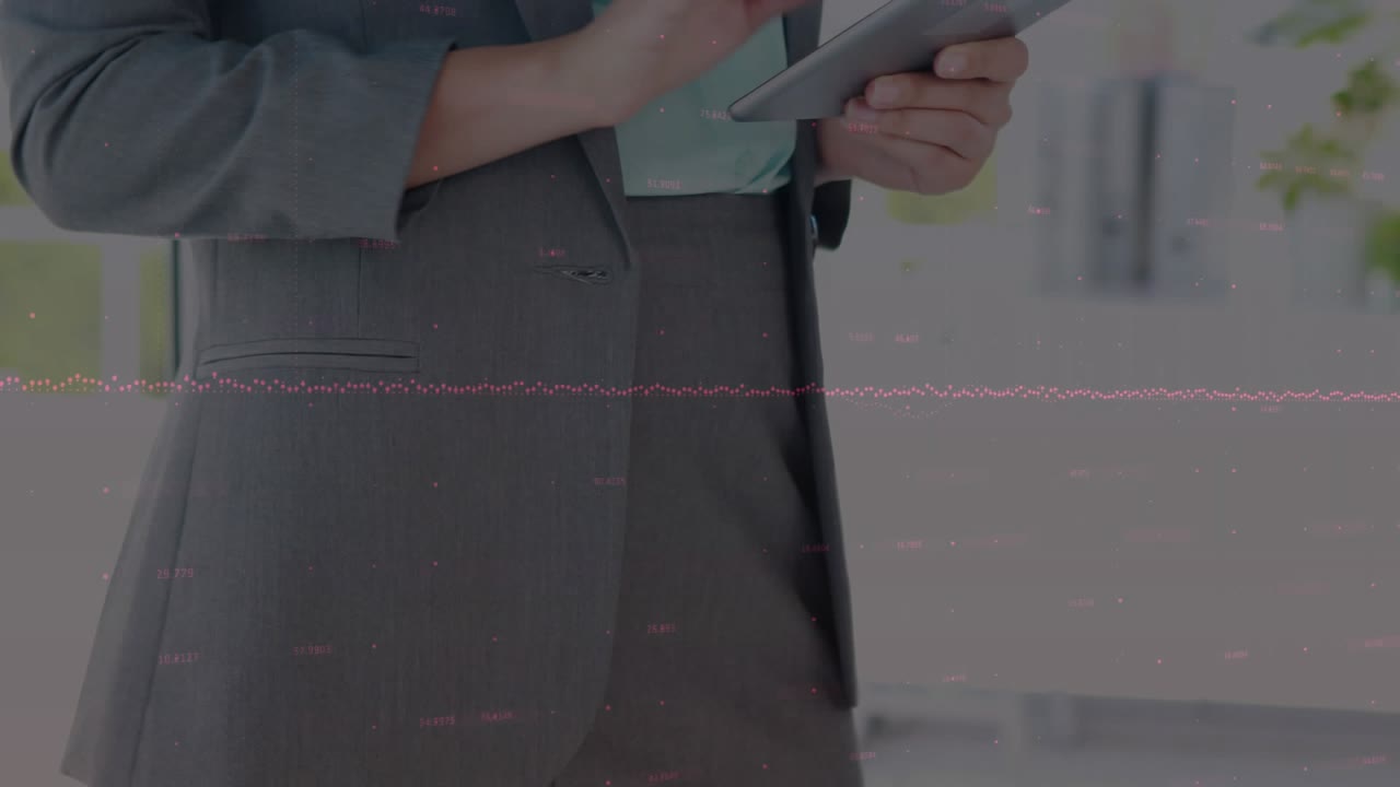 Holding tablet, woman tapping and dragging screen, navigating interface, waveform, pulsing rings