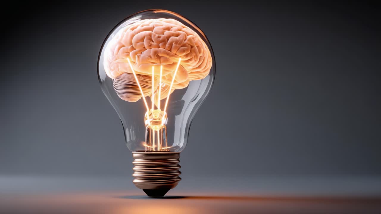 Un concetto creativo: Una lampadina con un cervello luminoso all'interno, che simboleggia idee innovative e il pensiero cognitivo in un contesto estetico moderno