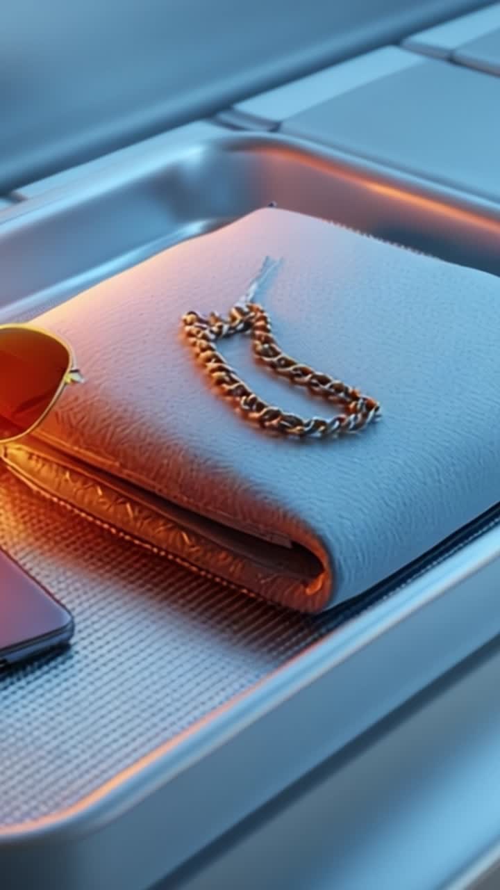 Accessori eleganti esposti su un vassoio moderno con oggetti di stile, inclusi occhiali da sole e gioielli, in un ambiente caldo e illuminato.