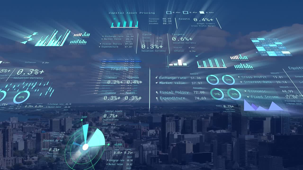 Animation of financial data processing over cityscape