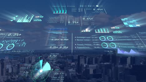 animation of financial data processing over cityscape