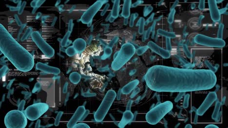 Animation-Eines-Rotierenden-Globus-Mit-Bakterienzellen-über-Die-Datenverarbeitung-Auf-Der-Schnittstelle