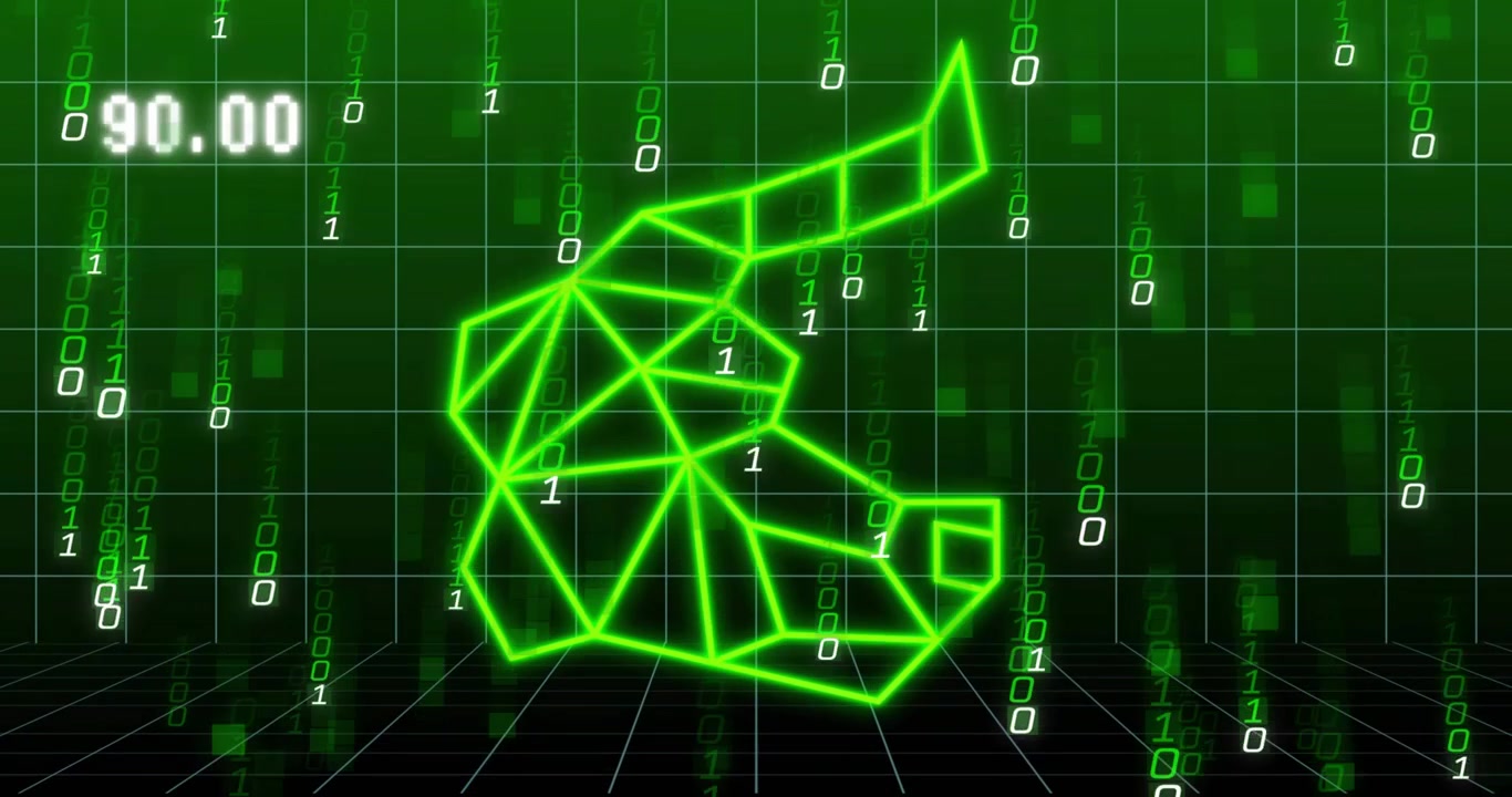 Neon segment emerging on grid initiating segments forming rotating cluster extending retracting