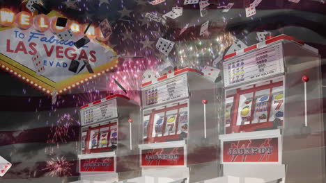 slot machine and cards fall on grapes with fireworks and us flag backdrop in las vegas.