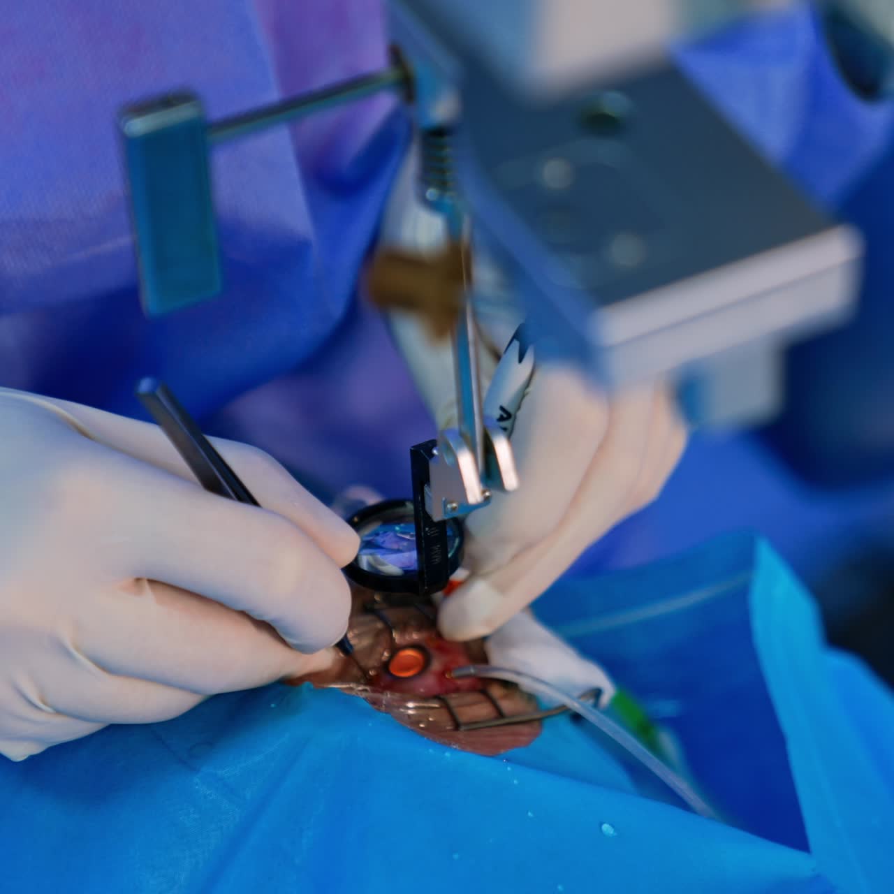 Eye surgery in progress. Unrecognized surgeon performs ophthalmology operation under lens. Close up