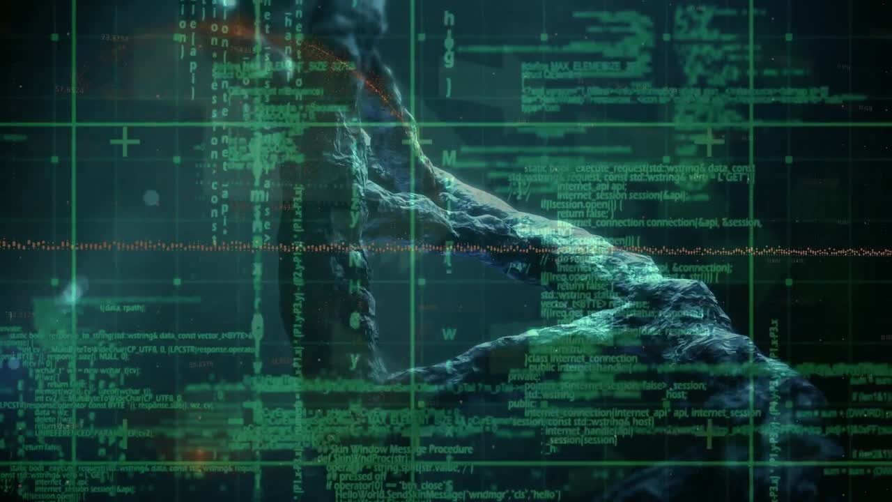 Animation of dna strand over data processing on black background