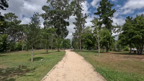 people-go-out-to-relax-in-the-park-with-a-diversity-of-trees-and-plants-with-games-for-children-and-a-path-through-the-center,-a-cloudy-day-with-heat,-Forward-Shooting