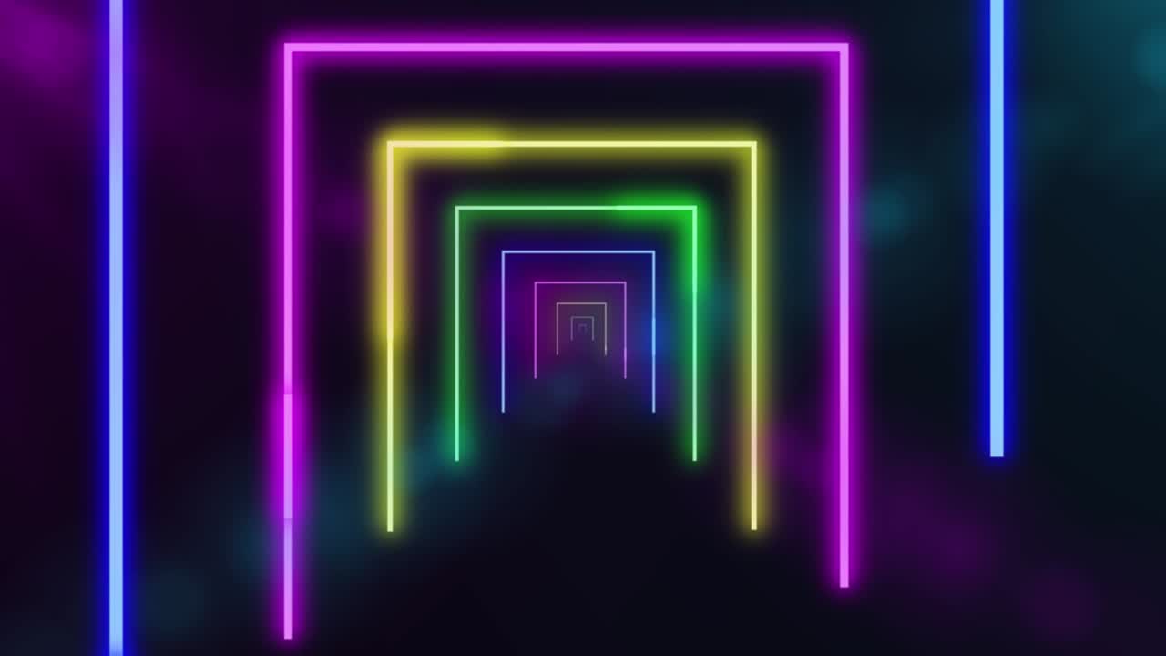 네온 터널과 함께 추상적인 배경, 밝은 선, 기하학적 모양, 루프 애니메이션, 흐릿한 배경과 함께 컬러 라이트 그리드 루프