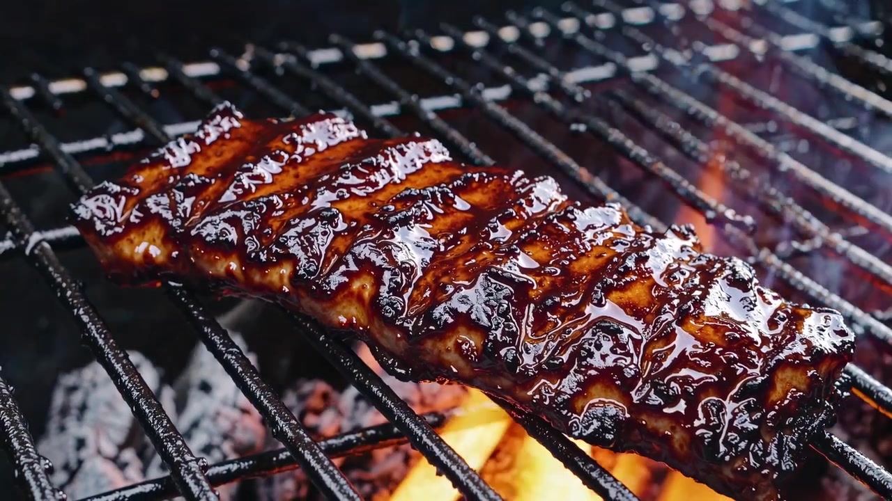 Squisite costine glassate che grigliano su un barbecue rovente con fiamme