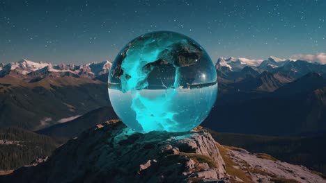 mystical glowing orb on mountain peak at night