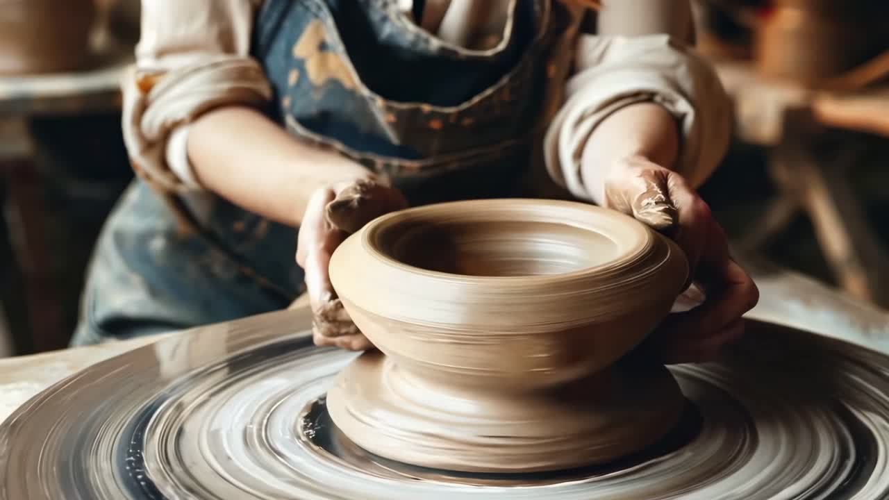 Close-up video still of hands shaping clay on a pottery wheel