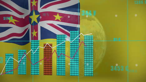 financial data and currency animation over flag of niue and moon background