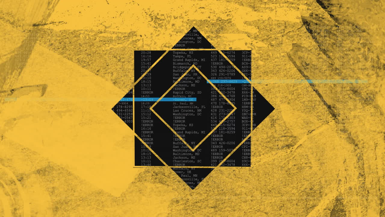 Geometric shapes and data processing animation over textured yellow background