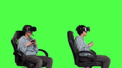 female player uses virtual reality headset to play with friends online