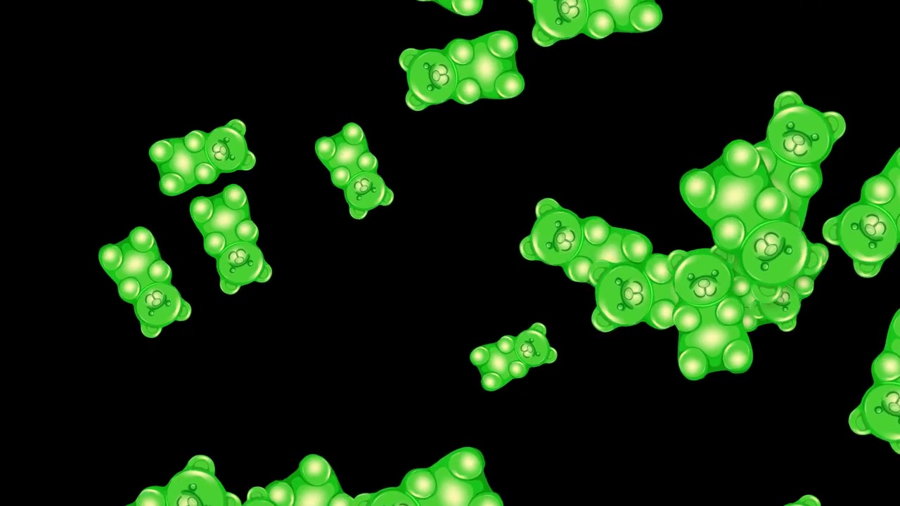 Vibrant green gummy bear candies fall and bounce randomly against a solid black background.