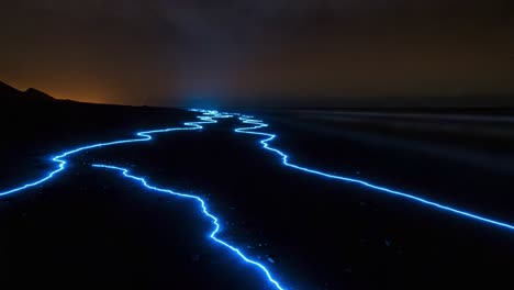 a captivating nighttime scene showcasing glowing blue lines on a dark beach, creating a stunning contrast against the ocean and surrounding landscape