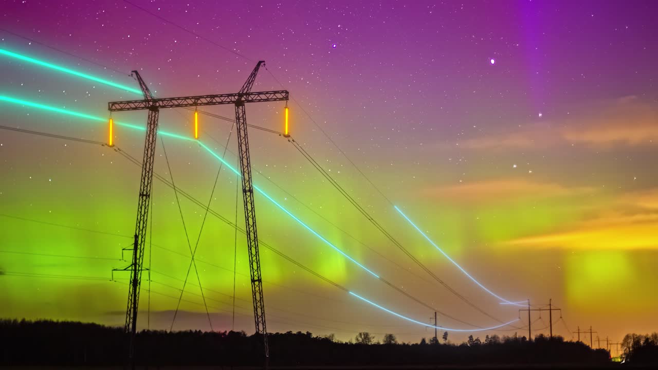 Electricity flow animation through transmission lines during aurora borealis. Timelapse