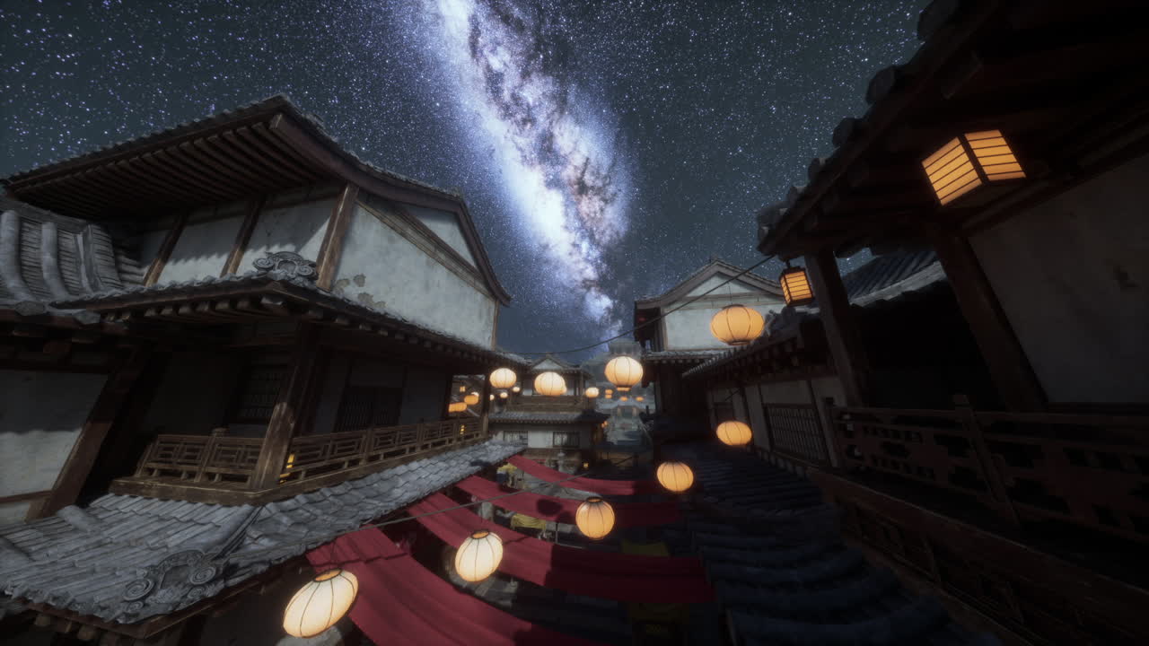 Starlit traditional japanese village with lanterns and vibrant fabric at night