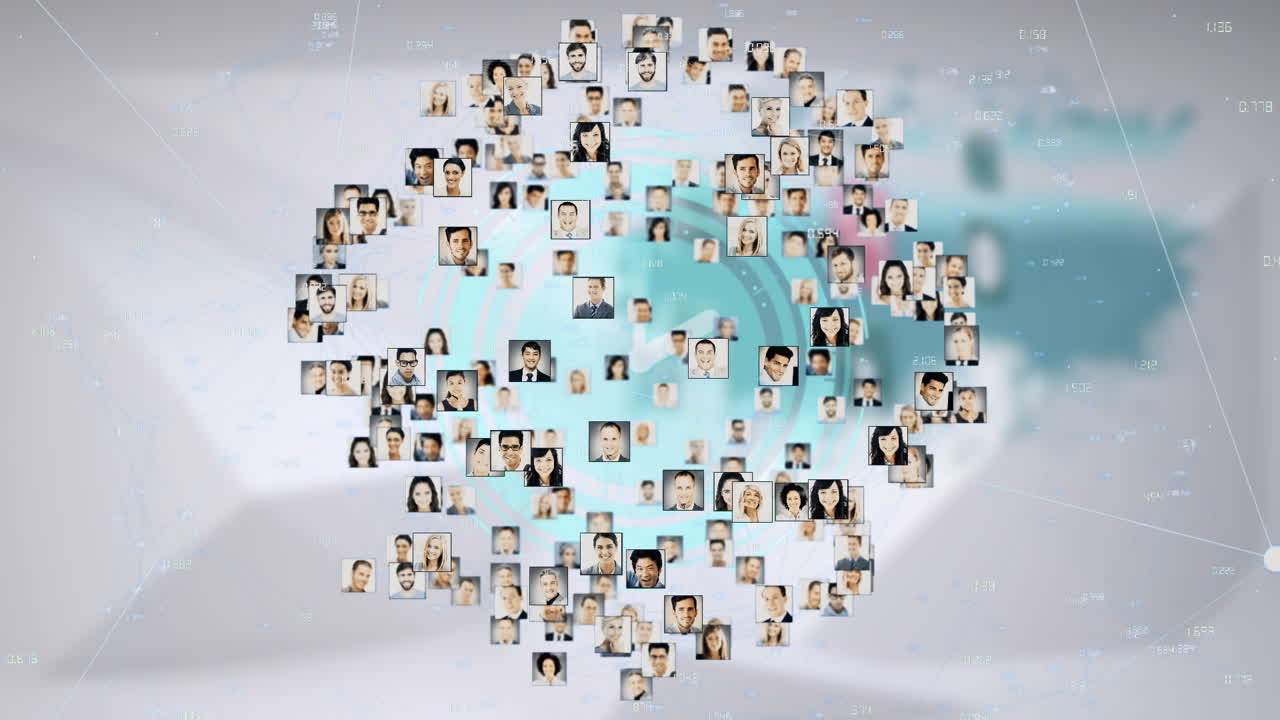 베이지색 배경 위에 다양한 사용자와 연결의 사진으로 만들어진 지구의 애니메이션