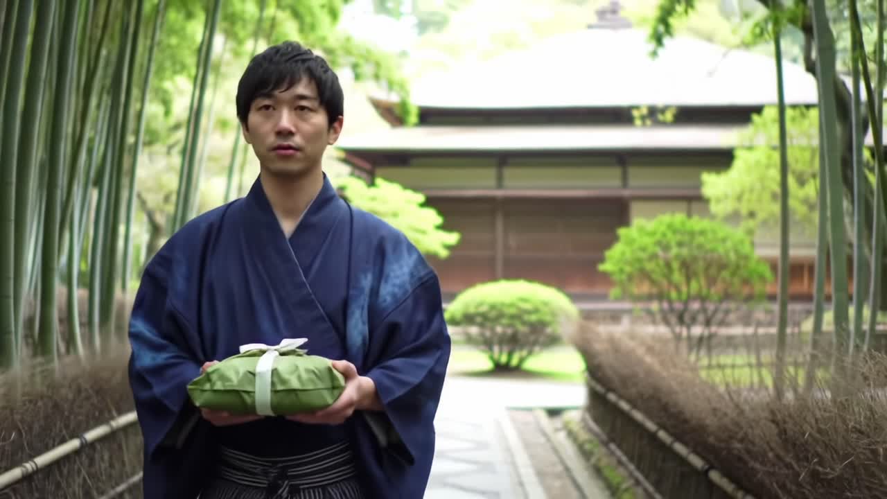 A Young Man in Traditional Attire Holds a Beautifully Wrapped Gift Surrounded by Lush Greenery in a Serene Japanese Garden Setting