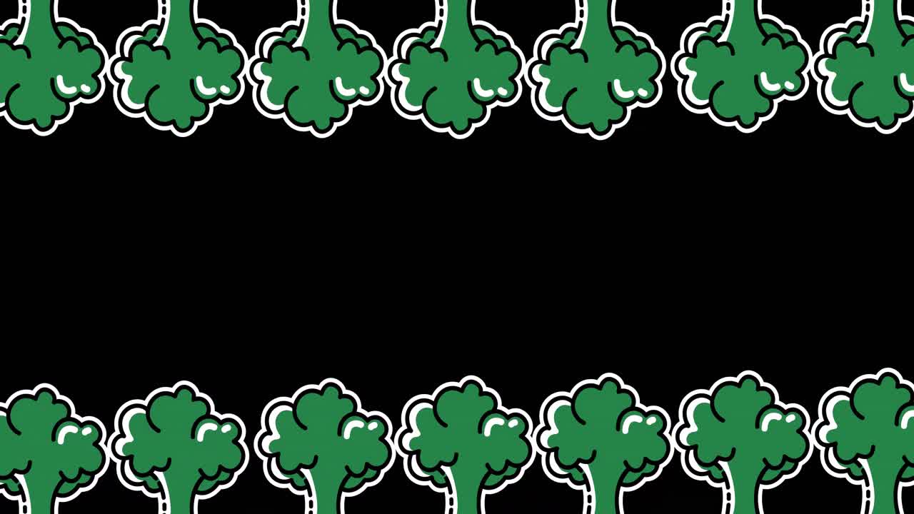 Animation of multiple broccoli icons on black background