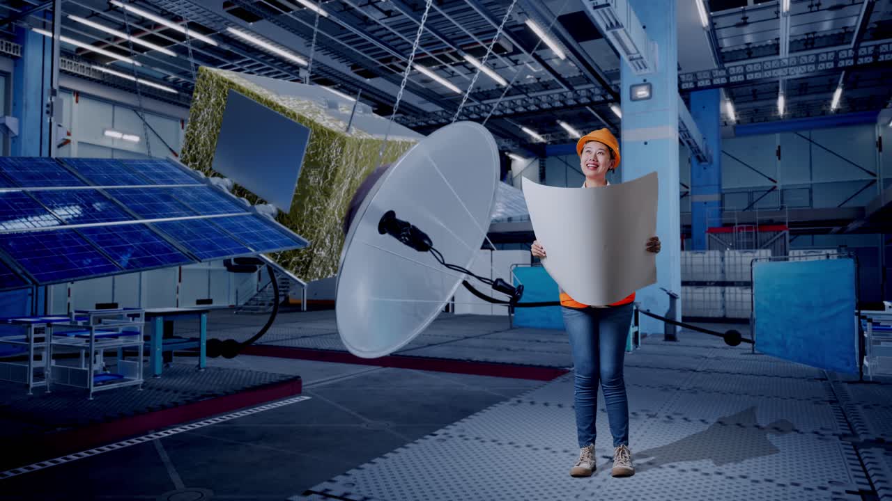 mujer ingeniera revisando planos de satélites en un laboratorio