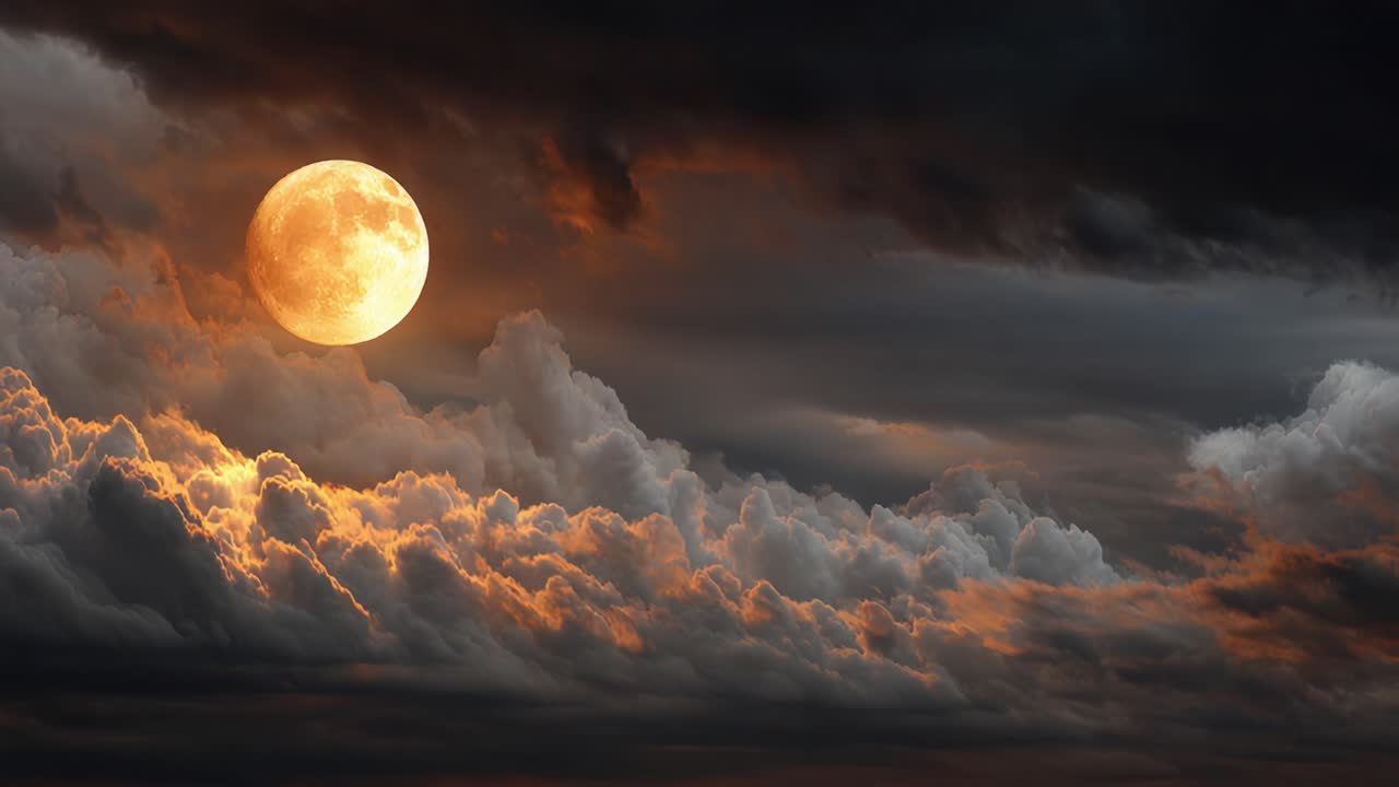 Uma vista de tirar o fôlego de uma lua cheia iluminando nuvens dramáticas ao entardecer, criando uma atmosfera mágica e etérea no céu noturno
