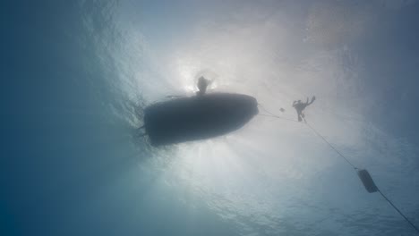 scuba diver salls with a backroll into the crystal clear water of the pacific ocean around the island of tahiti