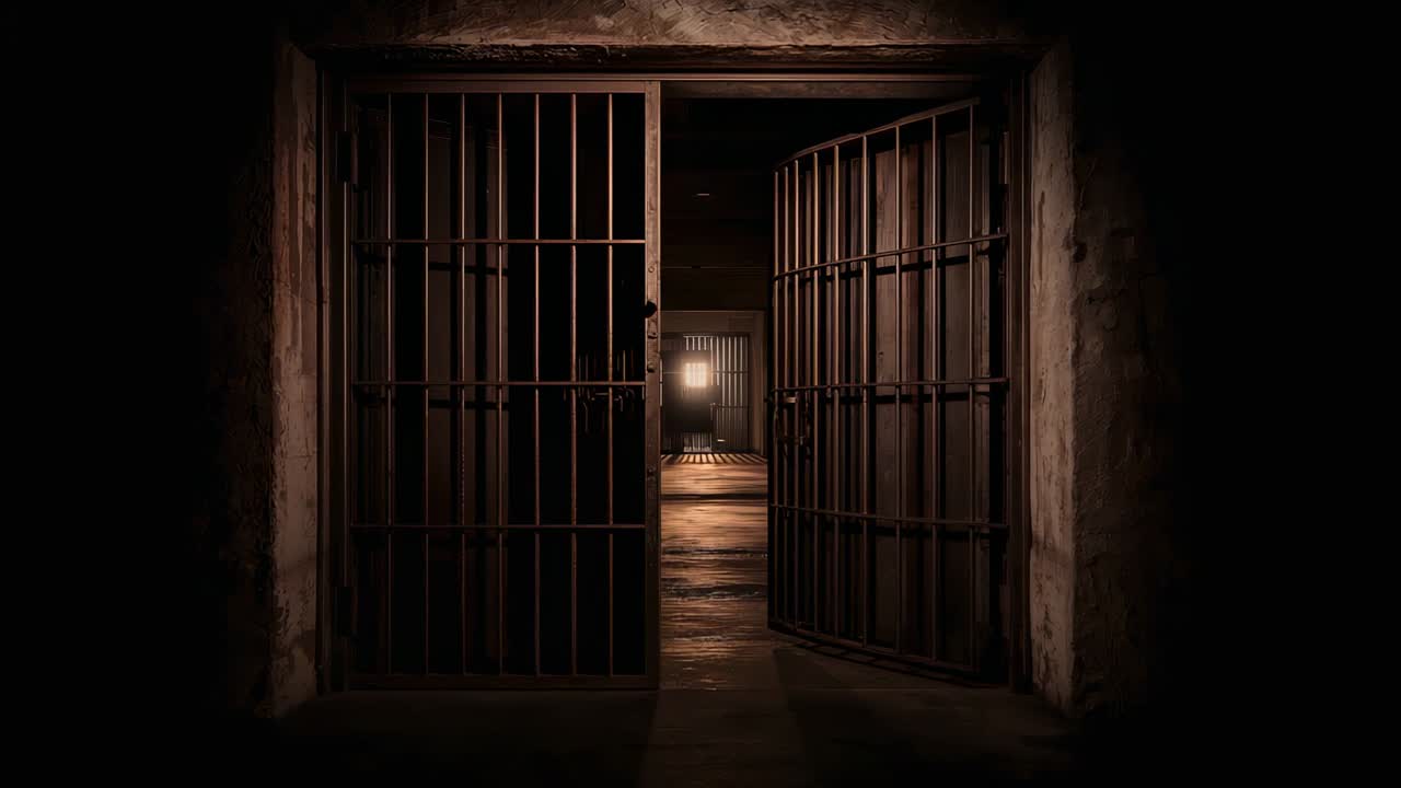 Advancing frames causing right barred gate swinging outward in prison corridor, revealing lit cell