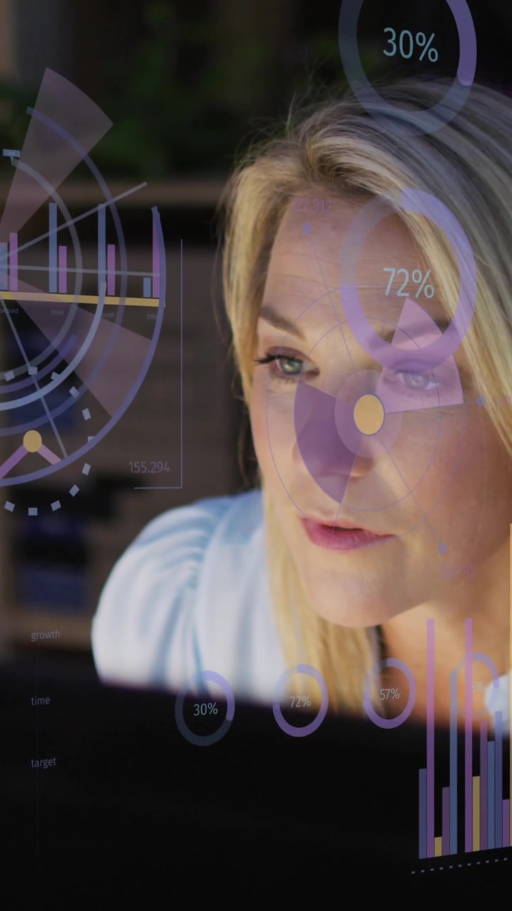 Animation of financial data processing over caucasian businesswoman working in office
