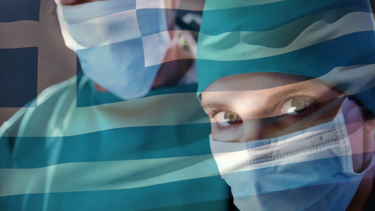 Animation of flag of greece over diverse surgeons