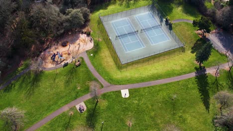 4k aerial drone shot overlooking a public park in portland, oregon