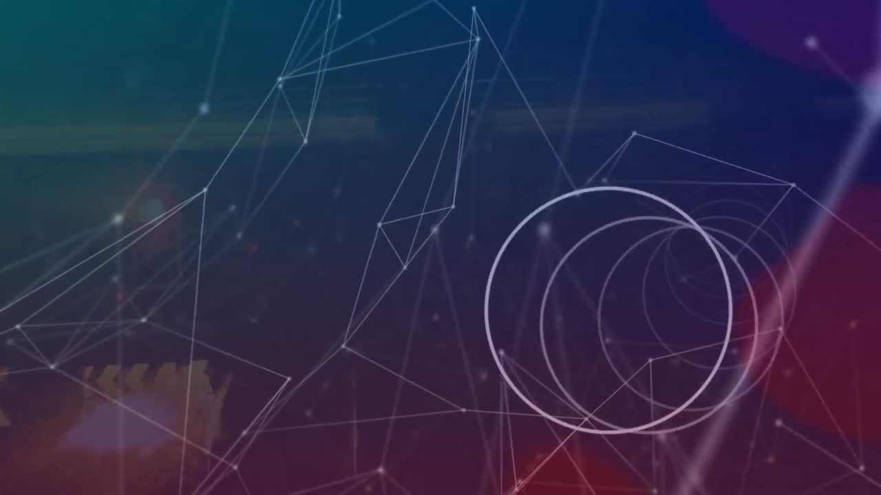 Animation of network of connections over glowing lights on dark background