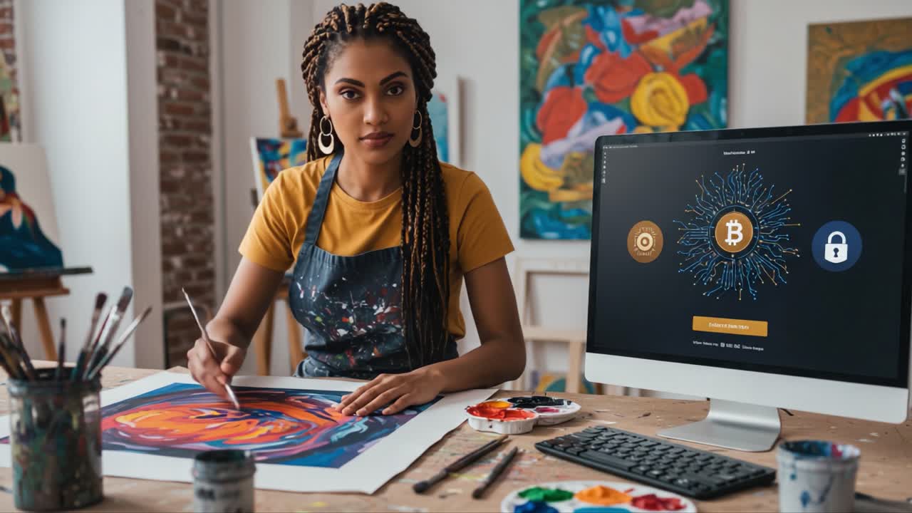 Artistic Expression and Digital Innovation: A Creative Individual Engaging in Painting While Surrounded by Colorful Artwork and Modern Technology