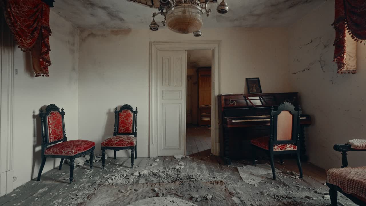 Abandoned and Dilapidated Room with Vintage Furniture and Piano