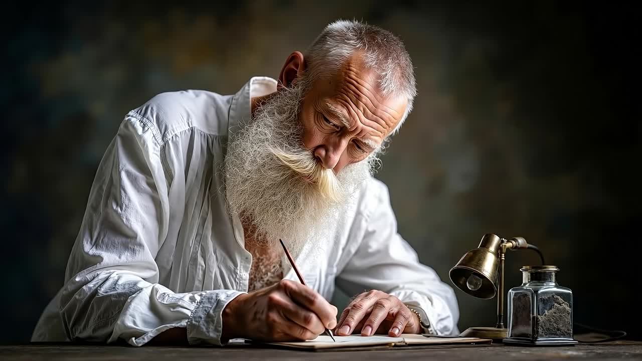 A man with a long white beard writing on a piece of paper