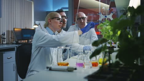 scientists in a laboratory reviewing plant experiment