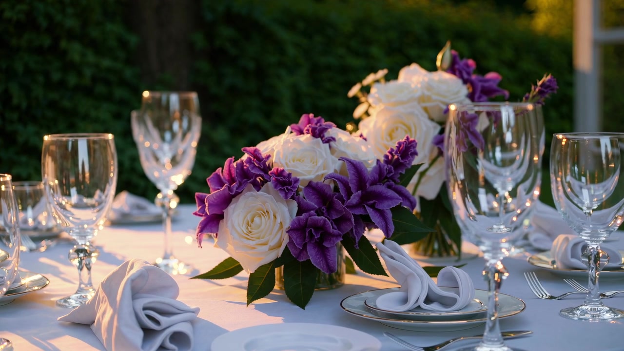 Elegant udendørs borddækning med blomsteropsats