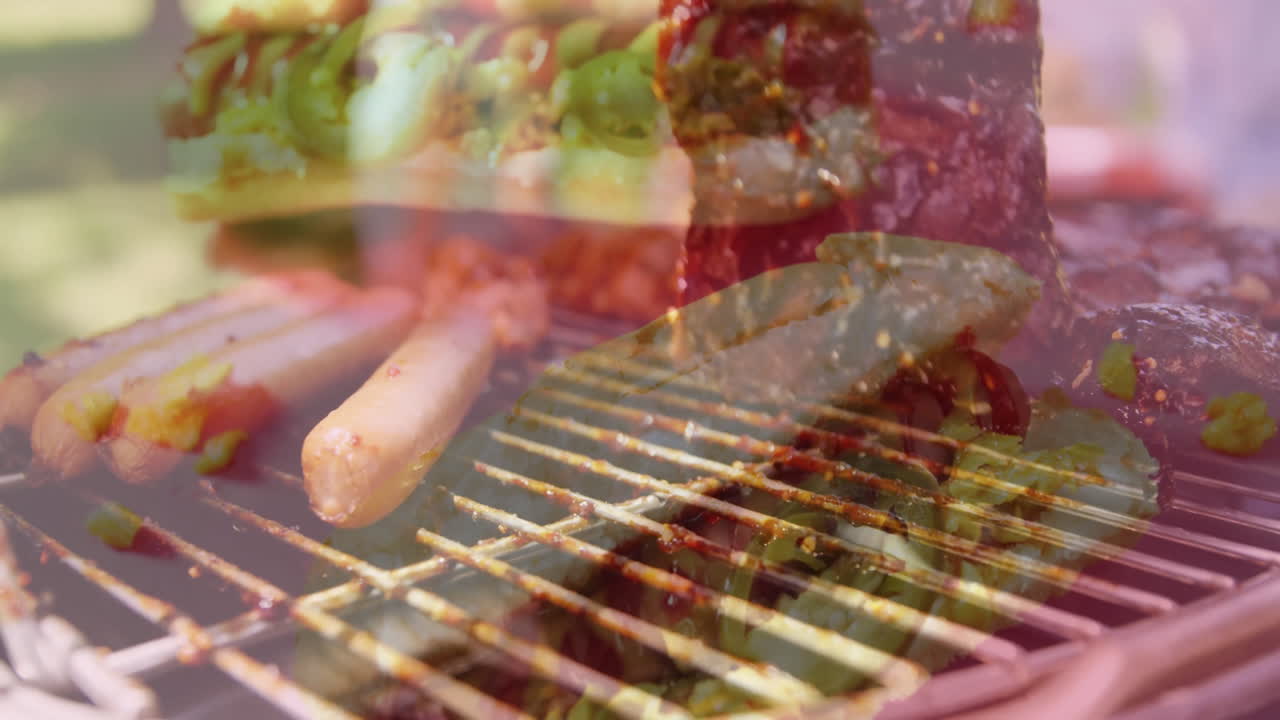 Grilling marinated meat and vegetables, creating vibrant colors and lively animation