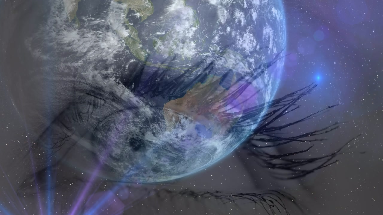 Animation of globe and lights moving over woman eye