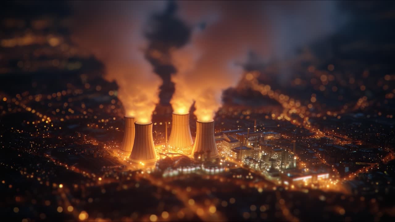 Flyfoto av et atomkraftverk med kjøletårn som slipper ut damp om natten, opplyst av bylys, og som fremhever et industrielt energiproduksjonslandskap.