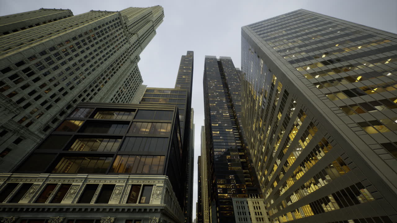 Evening skyline view of tall skyscrapers in urban city center