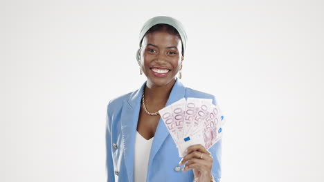 Money,-cash-and-black-woman-face-isolated-on-white