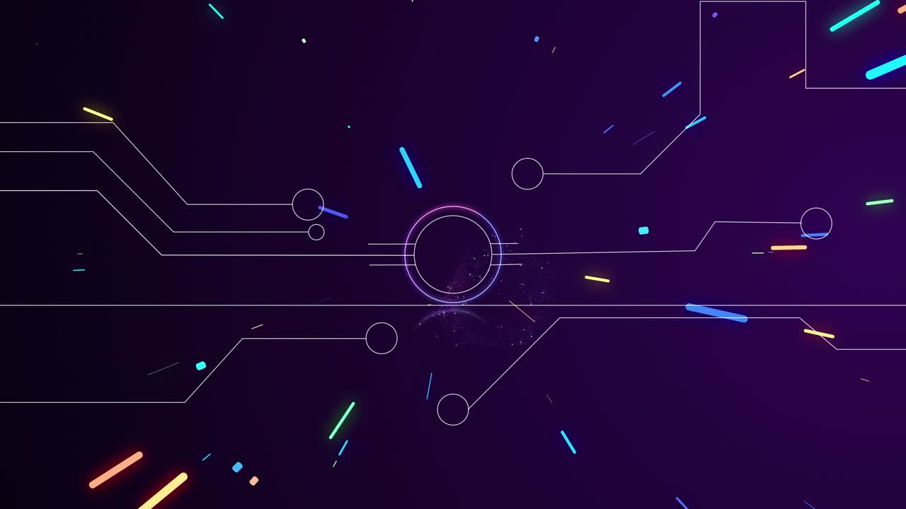 Abstract motherboard scheme formation animation in space of colorful line flying particles.
