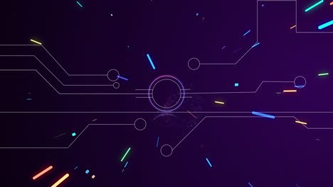 animación de formación de esquema de placa base abstracto en el espacio de partículas voladoras de líneas coloridas.